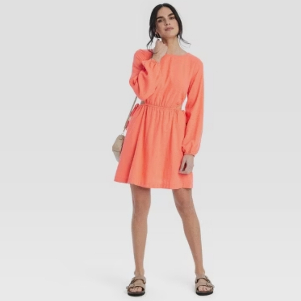 Women's Balloon Long Sleeve Mini A Line Dress Coral Medium - Picture 2 of 9